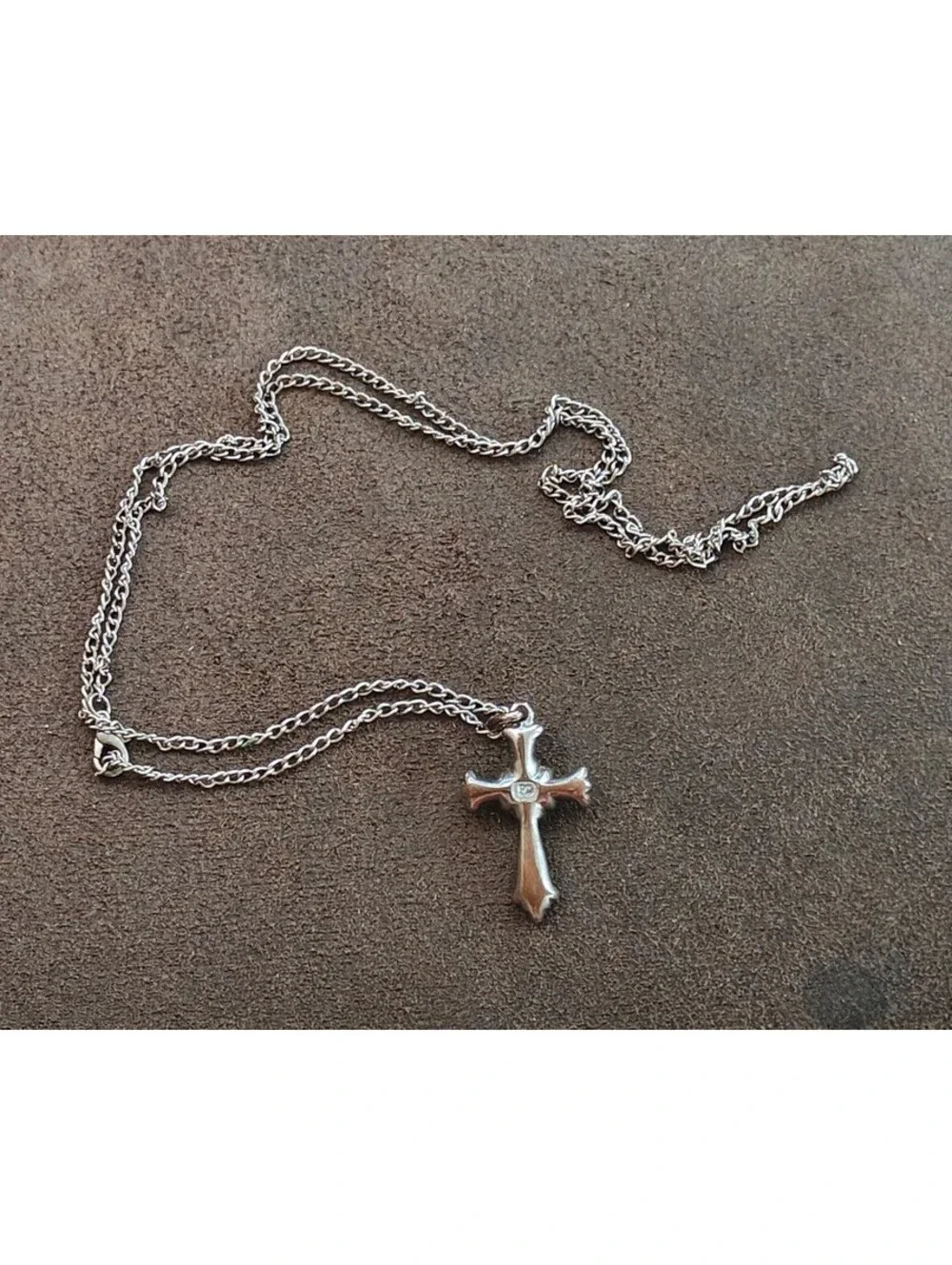 1990s Filigree With Aurora Borealis Rhinestones Silver Tone Cross Necklace